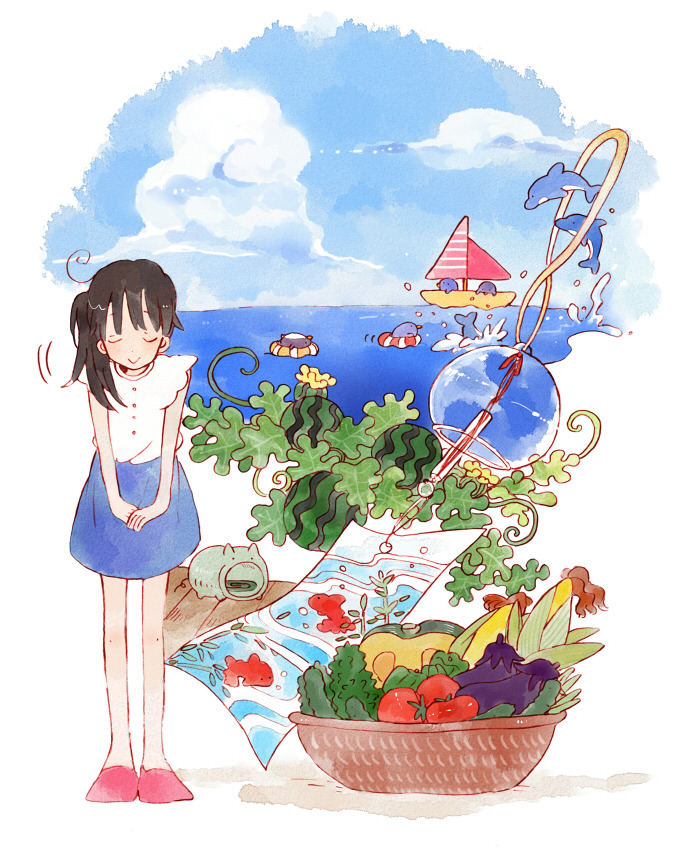 1girl bare_arms basket black_hair blouse blue_skirt blue_sky boat bowing buttons check_copyright closed_eyes closed_mouth cloud commentary_request copyright_request corn cucumber day dolphin eggplant food fruit full_body h_kawa innertube koinobori leaf leaning_forward light_blush long_hair loose_hair_strand miniskirt motion_lines ocean original outdoors own_hands_together pickle pink_footwear plant sailboat shadow shirt shoes short_sleeves side_ponytail simple_background skirt sky smile solo splashing tomato vines watercraft watermelon white_background white_shirt white_sleeves windsock wooden_floor