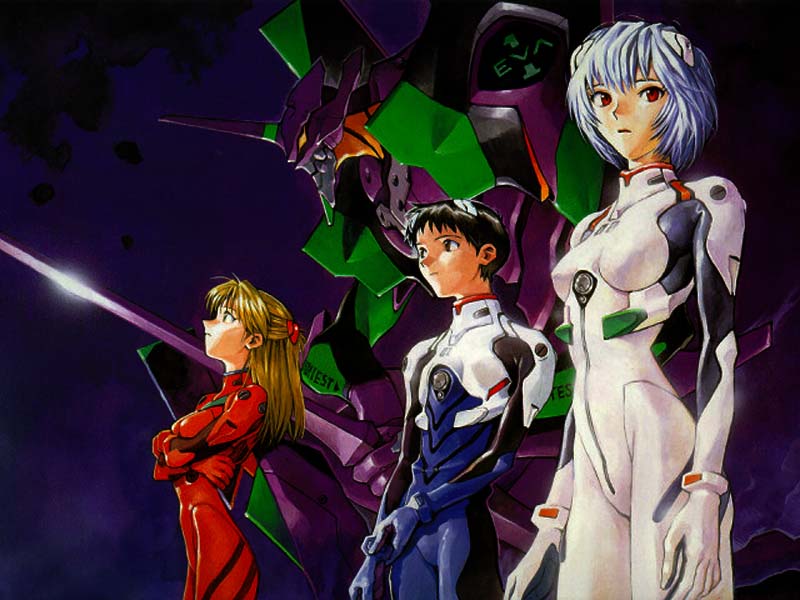 2girls :o ayanami_rei bangs black_hair blue_hair bodysuit bracer breasts cowboy_shot crossed_arms eva_01 from_side glint gloves hair_ornament holding_arm ikari_shinji jpeg_artifacts looking_at_viewer looking_to_the_side looking_up mecha multiple_girls neon_genesis_evangelion non-web_source official_art open_mouth orange_hair pilot_suit plugsuit red_eyes short_hair skinny small_breasts souryuu_asuka_langley white_bodysuit