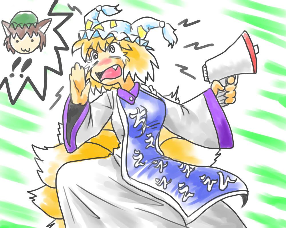 1girl :3 @_@ bamboo bamboo_forest bit_(kksbit) blonde_hair chen clothes_writing expressive_clothes fang forest fox_tail hat megaphone multiple_tails nature solo spoken_character tail tears touhou translated yakumo_ran