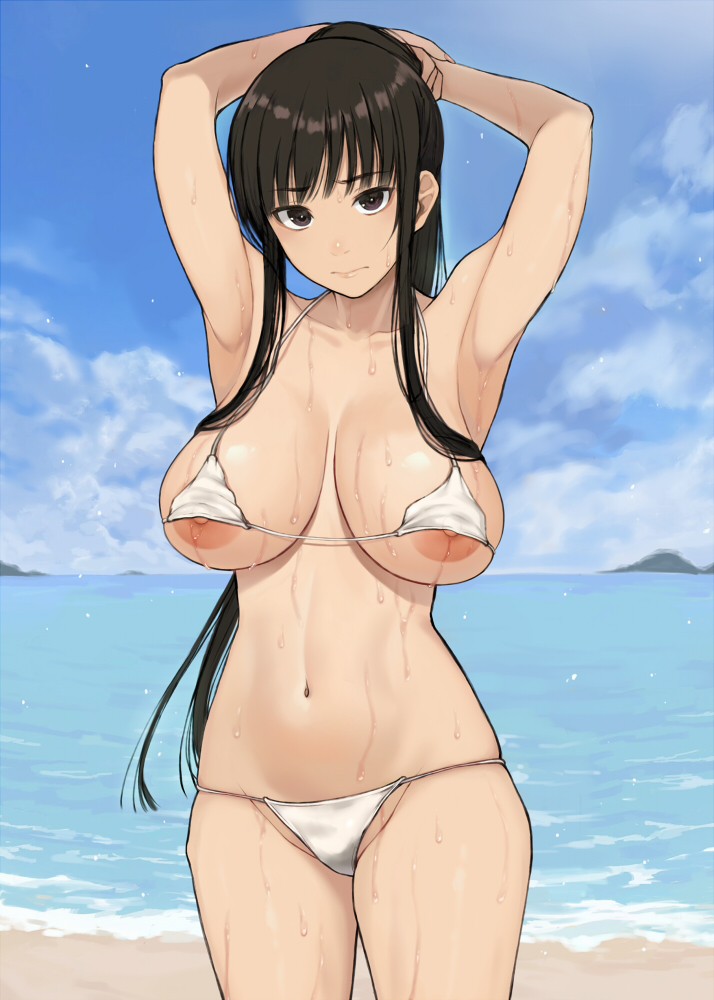 1girl armpits beach bikini black_eyes black_hair blue_sky breasts closed_mouth cloud cocq_taichou collarbone commentary_request day large_breasts long_hair looking_at_viewer nipples ocean original outdoors sky solo standing swimsuit thighs wet white_bikini