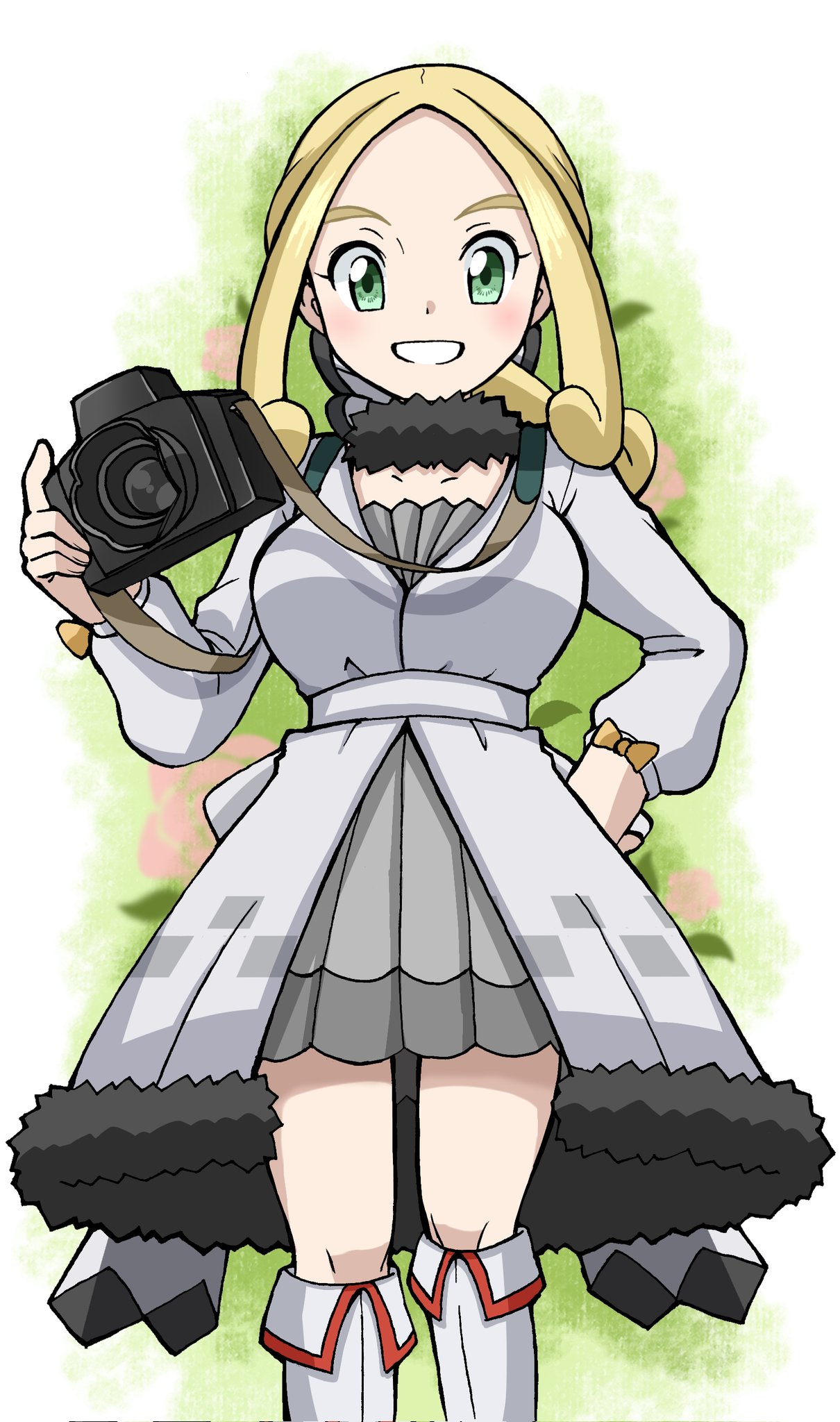 1girl blonde_hair breasts camera coat emapippi green_eyes hand_on_own_hip highres holding holding_camera large_breasts long_sleeves looking_at_viewer official_alternate_costume official_alternate_hairstyle pokemon pokemon_masters_ex solo teeth viola_(holiday_2023)_(pokemon) viola_(pokemon) white_coat