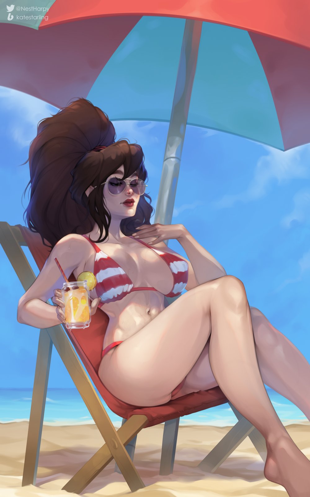 1girl barefoot beach beach_umbrella big_hair bikini blue_sky breasts brown_hair closed_eyes cocktail cocktail_glass cup day drinking_glass drinking_straw high_ponytail highres kate_starling large_breasts lipstick long_hair makeup navel nikki_(kate_starling) ocean original paid_reward_available reclining red_bikini red_lips sagging_breasts sky solo striped striped_bikini sunglasses swimsuit toned umbrella variant_set