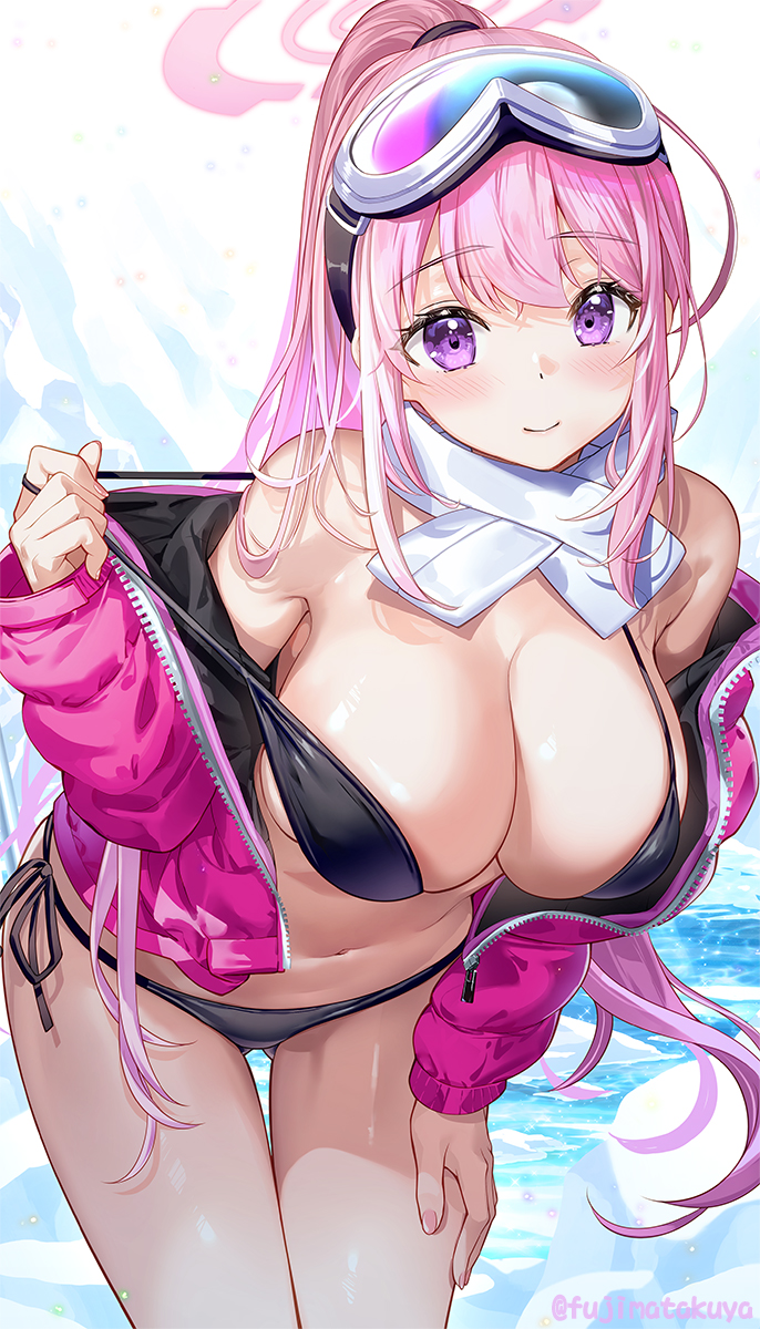 1girl bikini black_bikini blue_archive blush breasts closed_mouth commentary_request eimi_(blue_archive) eimi_(swimsuit)_(blue_archive) fujima_takuya goggles goggles_on_head halo highres jacket large_breasts long_hair looking_at_viewer official_alternate_costume pink_hair pink_halo pink_jacket ponytail purple_eyes side-tie_bikini_bottom skirt smile solo swimsuit thighs twitter_username white_skirt