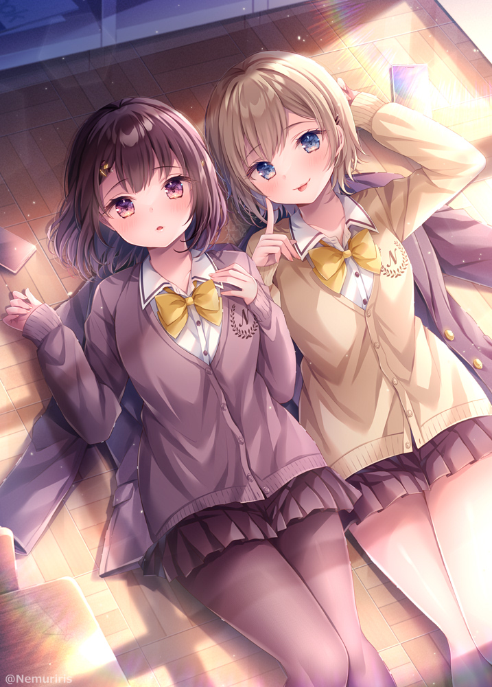 2girls :p arm_up blazer blue_eyes bow brown_cardigan brown_hair brown_jacket brown_pantyhose brown_skirt cardigan cellphone closed_mouth collared_shirt commentary_request dress_shirt feet_out_of_frame hand_up hands_up index_finger_raised jacket looking_at_viewer lying multiple_girls nemuri_nemu on_back on_floor original pantyhose parted_lips phone pleated_skirt purple_eyes school_uniform shirt skirt smile tongue tongue_out unworn_jacket white_shirt wooden_floor yellow_bow