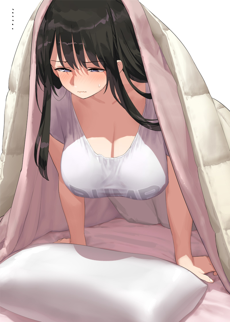 ... 1girl arm_support black_hair blue_eyes blush breasts cleavage closed_mouth clothes_writing commentary_request kaisen_chuui large_breasts long_hair original pillow shirt short_sleeves simple_background solo under_covers wavy_mouth white_background white_shirt