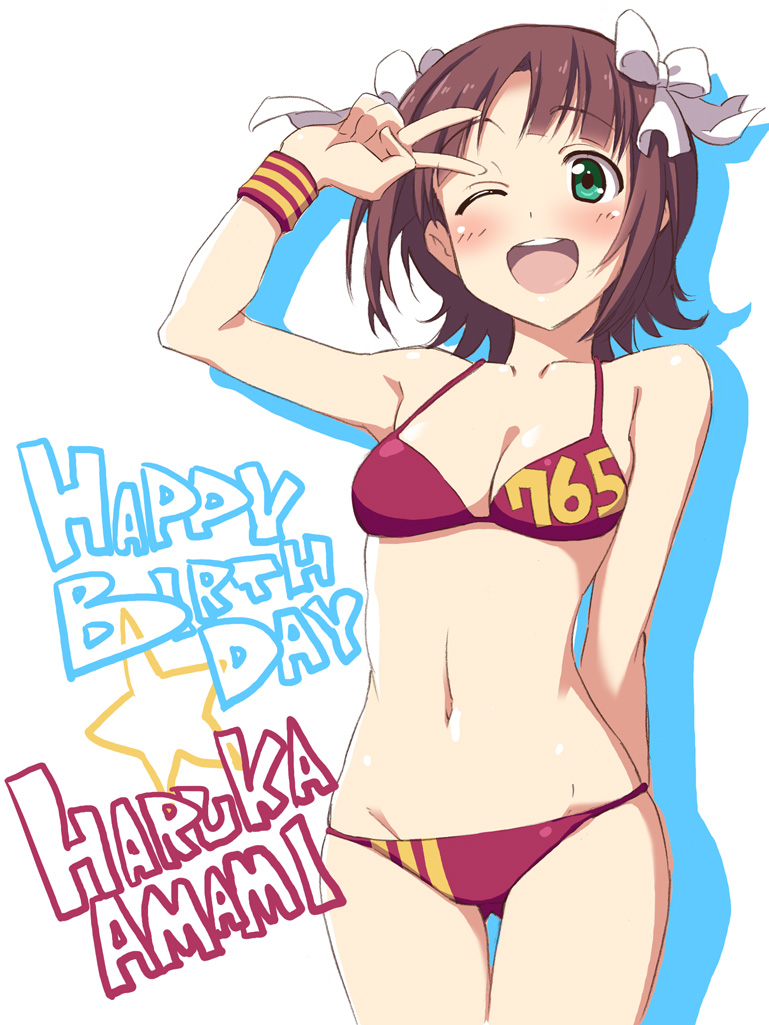 ;d amami_haruka bare_shoulders bikini bow breasts brown_hair character_name cleavage english fujimaru_(bluebrand) green_eyes happy happy_birthday idolmaster idolmaster_(classic) medium_breasts navel one_eye_closed open_mouth red_bikini short_hair smile solo star swimsuit teeth v wristband