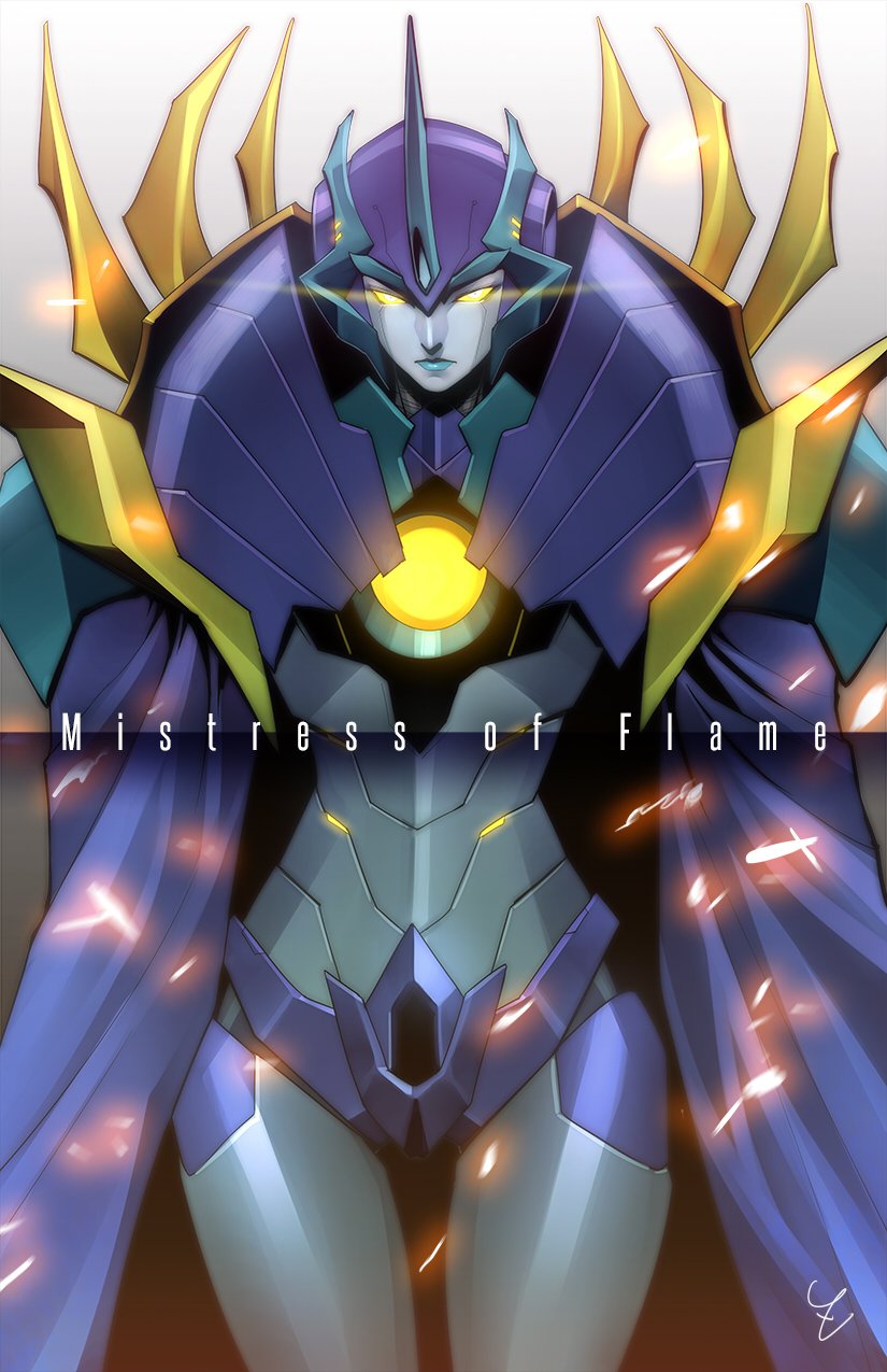 blue_lips blue_panties cape curvy glowing glowing_eye helmet highres humanoid_robot mistress_of_flame panties robot robot_girl science_fiction the_transformers_(idw) transformers transformers_shattered_glass underwear yellow_eyes zoner