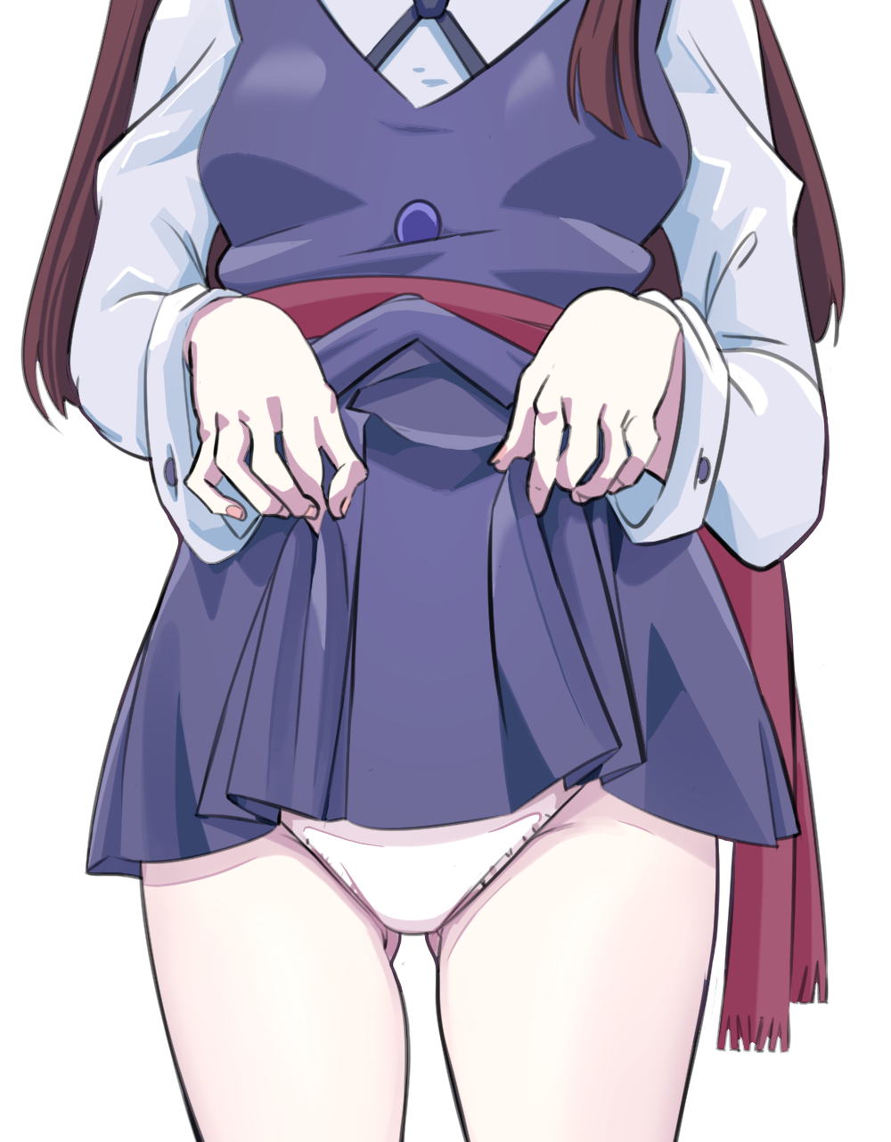 1girl ass_visible_through_thighs blue_skirt blue_vest brown_hair chadgarciaburg clothes_lift highres kagari_atsuko lifted_by_self little_witch_academia long_hair long_sleeves luna_nova_school_uniform panties pink_panties school_uniform shirt skirt skirt_lift solo underwear vest white_shirt witch