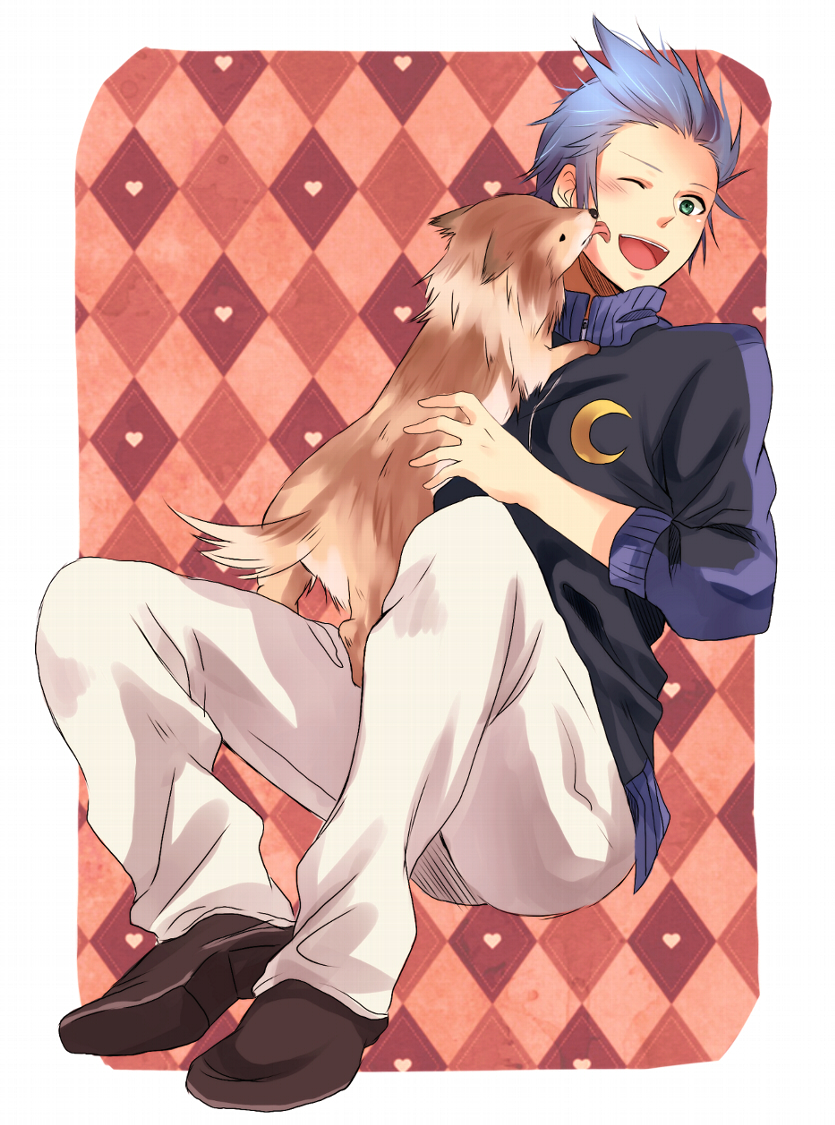 1boy animal animal_on_chest animal_on_lap argyle argyle_background black_jacket blue_hair blush brown_footwear commentary_request crescent dog full_body green_eyes heart high_collar holding holding_animal isa_(kingdom_hearts) jacket kingdom_hearts kingdom_hearts_birth_by_sleep leaning_back licking licking_another's_cheek licking_another's_face male_focus minatoya_mozuku on_lap one_eye_closed open_mouth pants patterned_background pink_background shoes sitting smile solid_circle_eyes solo spiked_hair white_pants