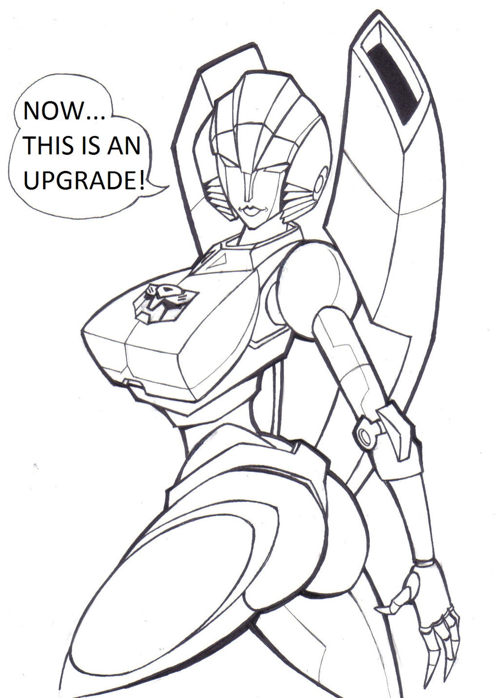 android arcee autobot autobot_insignia black_and_white butt cybertronian dialogue english_text female hasbro hi_res humanoid line_art lips machine megadevianttron_(artist) monochrome not_furry pose robot solo speech_bubble standing takara_tomy text transformers