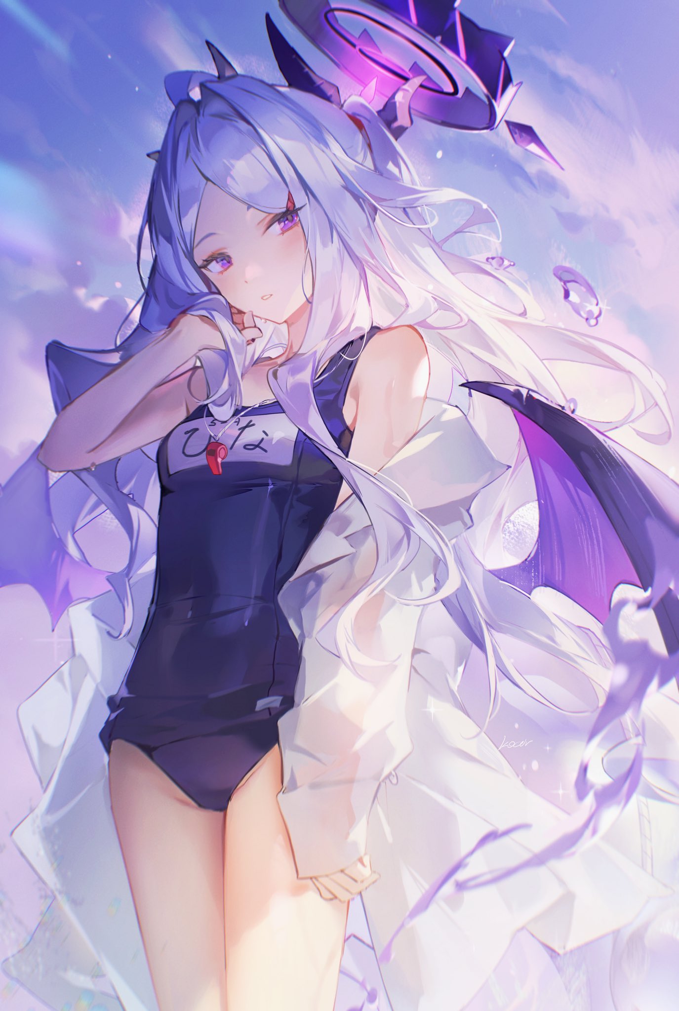1girl blue_archive blurry cloud cloudy_sky commentary_request demon_girl demon_horns demon_wings depth_of_field hair_ornament hairclip halo head_tilt highres hina_(blue_archive) hina_(swimsuit)_(blue_archive) horns kocir long_hair long_sleeves looking_at_viewer name_tag official_alternate_costume official_alternate_hairstyle old_school_swimsuit one_side_up open_clothes open_shirt outdoors parted_bangs parted_lips purple_eyes school_swimsuit see-through see-through_shirt shirt sidelocks sky sleeveless solo swimsuit twilight water_drop wavy_hair whistle whistle_around_neck white_hair white_shirt wings