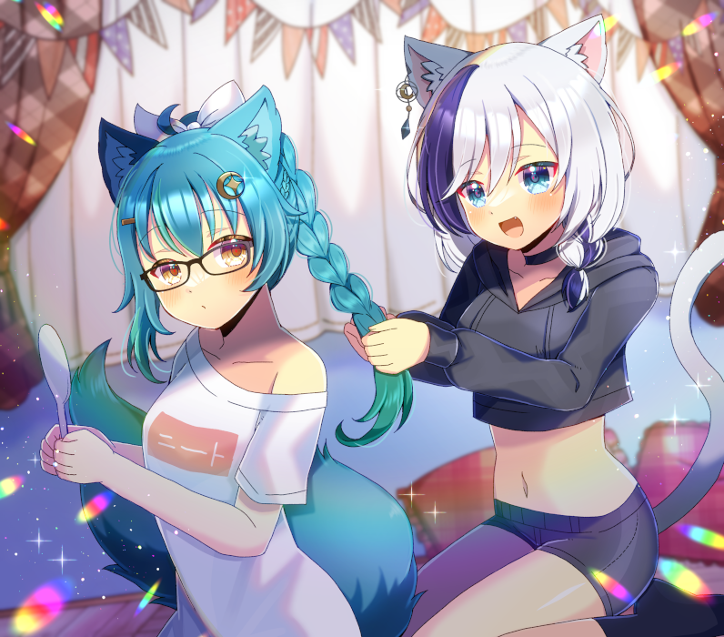 2girls :d animal_ear_fluff animal_ears black_hoodie black_shorts blue_eyes blue_hair blurry blurry_background bow braiding_hair breasts brown_eyes cat_ears cat_girl cat_tail closed_mouth collarbone commentary_request commission copyright_request crop_top curtains depth_of_field drawstring ear_piercing fang grey_hair hair_between_eyes hair_bow hair_ornament hairclip hairdressing hood hood_down hoodie kou_hiyoyo long_sleeves multicolored_hair multiple_girls off_shoulder pennant piercing puffy_long_sleeves puffy_sleeves purple_hair shirt short_shorts short_sleeves shorts skeb_commission small_breasts smile streaked_hair string_of_flags tail virtual_youtuber white_bow white_shirt