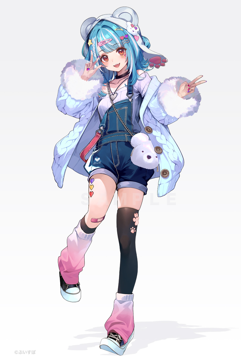 1girl :d animal_ears bear_ears black_collar black_footwear black_thighhighs blue_hair blue_jacket braid breasts collar collarbone commentary_request fake_animal_ears full_body fur-trimmed_sleeves fur_trim gradient_background grey_background highres jacket kneehighs long_sleeves looking_at_viewer loose_socks multicolored_hair multicolored_nails off-shoulder_shirt off_shoulder open_clothes open_jacket overall_shorts overalls pink_socks puffy_long_sleeves puffy_sleeves purple_nails red_eyes red_nails shadow shiranami_ramune shirokitsune shirt shoes single_kneehigh single_sock single_thighhigh small_breasts smile socks solo standing standing_on_one_leg streaked_hair thighhighs v virtual_youtuber vspo! w white_background white_hair white_shirt