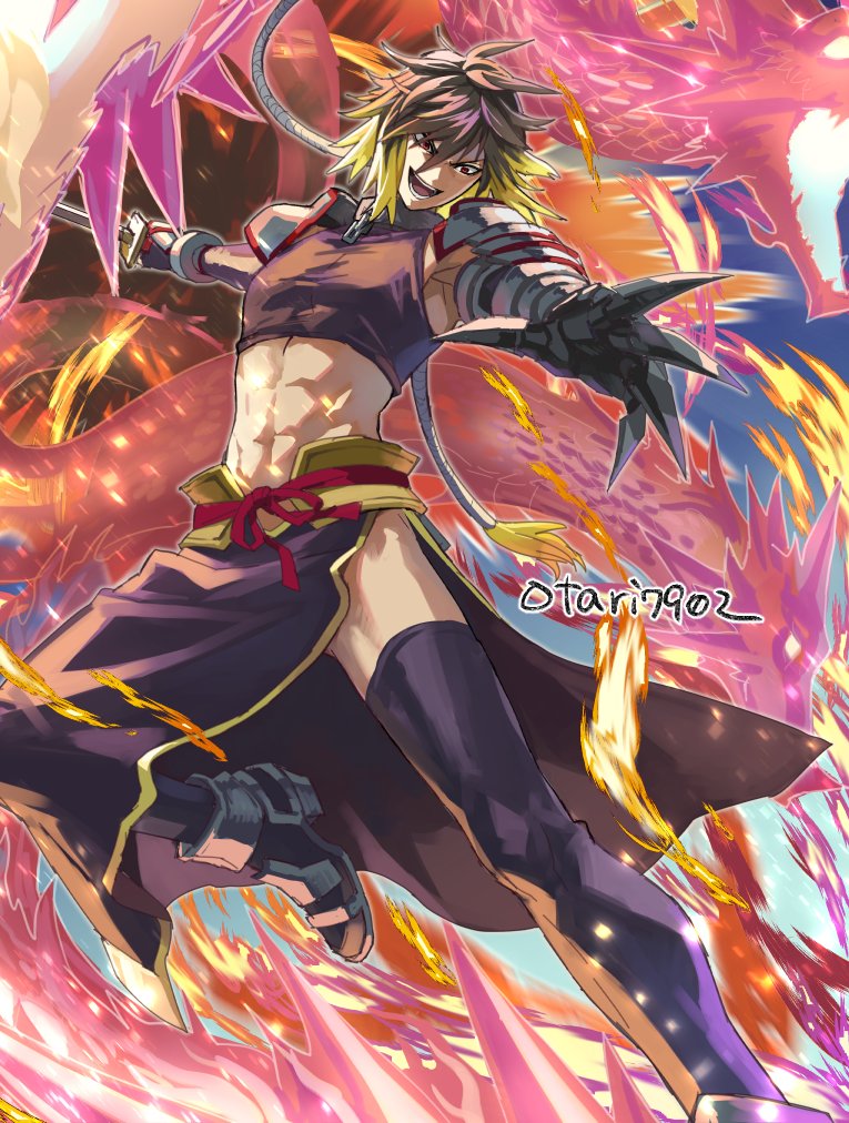 1boy abs albel_nox blonde_hair boots brown_hair cropped_shirt dragon fire gauntlets gloves incoming_attack indesign male_focus midriff multicolored_hair open_mouth pyrokinesis red_eyes short_hair short_hair_with_long_locks smile solo star_ocean star_ocean_till_the_end_of_time sword thighhighs twitter_username two-tone_hair weapon