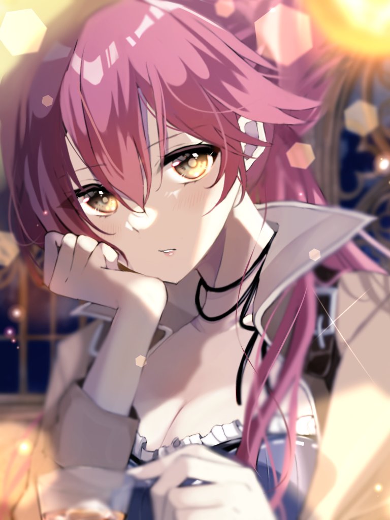 1girl breasts cleavage_cutout clothing_cutout double-parted_bangs eiyuu_densetsu hair_between_eyes indoors jacket jewelry large_breasts looking_at_viewer natsusechoco necklace pink_hair ponytail portrait sara_valestein sen_no_kiseki solo sparkle upper_body yellow_eyes