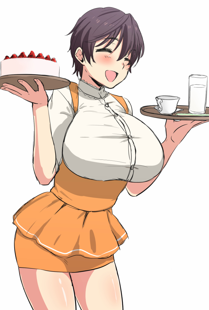 1girl anna_miller apron blush breasts brown_hair cake closed_eyes cowboy_shot cup food fruit hands_up holding holding_tray idolmaster idolmaster_cinderella_girls idolmaster_cinderella_girls_starlight_stage james_(jms-pnt) large_breasts oikawa_shizuku open_mouth orange_apron orange_skirt pencil_skirt shirt short_hair short_sleeves simple_background skirt smile solo standing strawberry suspender_skirt suspenders teacup tray waitress white_background white_shirt