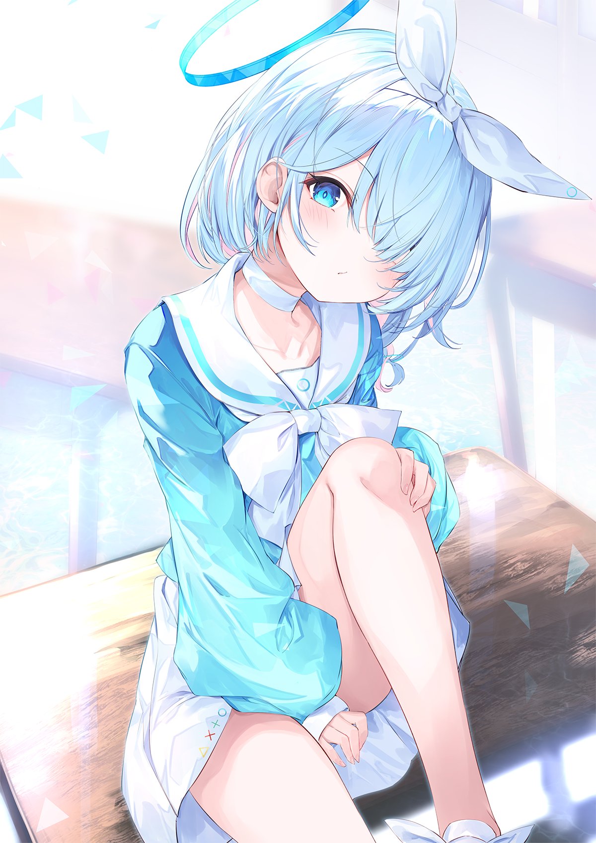 1girl arona_(blue_archive) blue_archive blue_eyes blue_hair blue_halo blue_shirt bow bow_hairband bowtie braid choker closed_mouth collarbone commentary cross fal_maro feet_out_of_frame hair_over_one_eye hairband halo highres knee_up long_sleeves looking_at_viewer on_table puffy_long_sleeves puffy_sleeves sailor_collar school_uniform serafuku shirt short_hair single_braid skirt solo table thighs white_bow white_bowtie white_choker white_hairband white_sailor_collar white_skirt