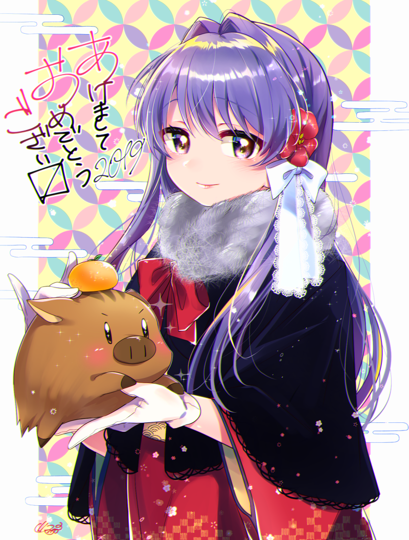 1girl 2019 alternate_costume animal black_capelet blush botan_(clannad) bow capelet clannad closed_mouth commentary_request cowboy_shot dated flower fujibayashi_kyou gloves grey_scarf hair_between_eyes hair_bow hair_flower hair_intakes hair_ornament hair_ribbon happy_new_year holding holding_animal jamu japanese_clothes kimono lips long_hair looking_at_viewer multicolored_background nengajou new_year purple_eyes purple_hair red_bow red_flower red_kimono ribbon scarf signature simple_background smile solo standing straight_hair white_bow white_gloves white_ribbon