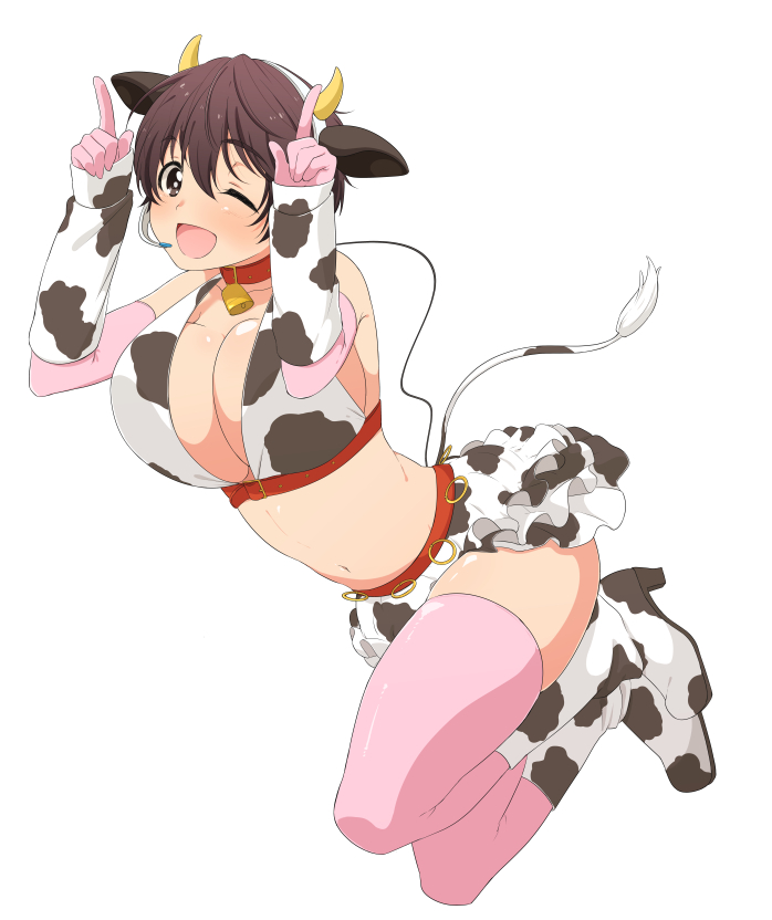 1girl animal_ears animal_print arm_warmers bare_shoulders bell belt belt_collar blush boots breasts brown_eyes brown_hair cleavage collar cow_ears cow_girl cow_horns cow_print cow_tail crop_top cropped_shirt dot_nose elbow_gloves fake_animal_ears fake_horns fake_tail full_body gloves hands_up headset horns horns_pose idolmaster idolmaster_cinderella_girls idolmaster_cinderella_girls_starlight_stage index_finger_raised james_(jms-pnt) knee_boots large_breasts looking_at_viewer miniskirt neck_bell oikawa_shizuku one_eye_closed open_mouth pink_gloves pink_thighhighs print_footwear print_shirt print_skirt red_belt shirt short_hair simple_background skirt sleeveless sleeveless_shirt smile solo tail thighhighs white_background