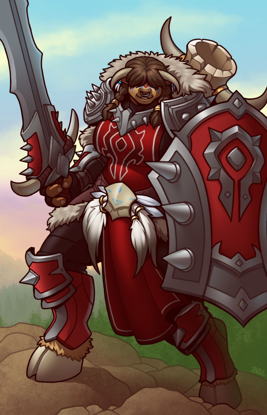 anthro armor big_breasts blazbaros blizzard_entertainment bovid bovine breasts brown_body brown_fur detailed_background female fur hi_res mammal melee_weapon one_eye_obstructed shield solo sword tauren warcraft weapon