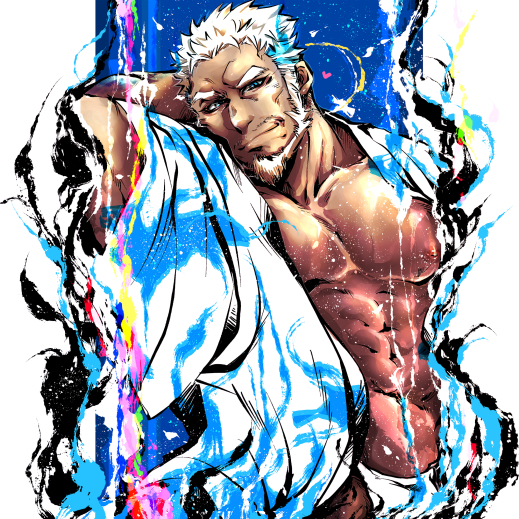 1boy abs aegir_(housamo) arm_behind_head bara beard blue_eyes border closed_mouth cropped dark-skinned_male dark_skin facial_hair fundoshi japanese_clothes kano_(kano_to10) kimono large_pectorals male_focus mature_male multicolored_hair muscular muscular_male nipples open_clothes open_kimono outside_border pectorals pillarboxed revision short_hair smirk solo streaked_hair thick_eyebrows tokyo_afterschool_summoners upper_body white_border white_hair white_kimono