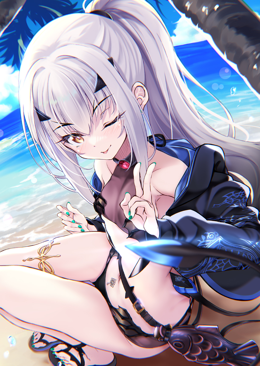 1girl beach belt bikini black_bikini black_jacket blue_sky bottle breasts commentary_request cropped_jacket fate/grand_order fate_(series) forked_eyebrows high_ponytail highres hitsujibane_shinobu jacket long_hair long_sleeves looking_at_viewer melusine_(fate) melusine_(swimsuit_ruler)_(fate) melusine_(swimsuit_ruler)_(first_ascension)_(fate) navel one_eye_closed outdoors palm_tree petite pubic_tattoo sandals shore shrug_(clothing) sidelocks sky small_breasts smile solo swimsuit tail tattoo thighlet thighs tongue tongue_out tree v variant_set white_hair yellow_eyes