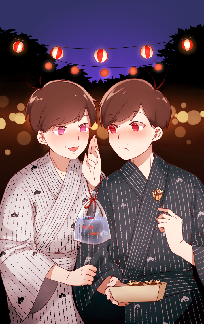 2boys antenna_hair bag bagged_fish black_kimono blush brothers brown_hair dango eating fish food goldfish japanese_clothes kimono male_focus matsuno_osomatsu matsuno_todomatsu multiple_boys open_mouth osomatsu-san pink_eyes red_eyes red_ribbon ribbon rohi_(luzi) short_hair siblings summer_festival wagashi whispering white_kimono wide_sleeves