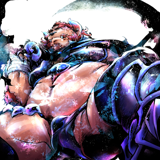 1boy bandaged_arm bandages bara beard belly bulge chernobog_(housamo) chest_armor cropped demon_horns facial_hair feet_out_of_frame forked_eyebrows from_below furry furry_male horns kano_(kano_to10) leg_armor light_particles male_focus medium_hair navel pectorals pink_fur plump red_hair revision snowflakes solo thick_eyebrows tokyo_afterschool_summoners transparent_border tusks twitter_username white_background