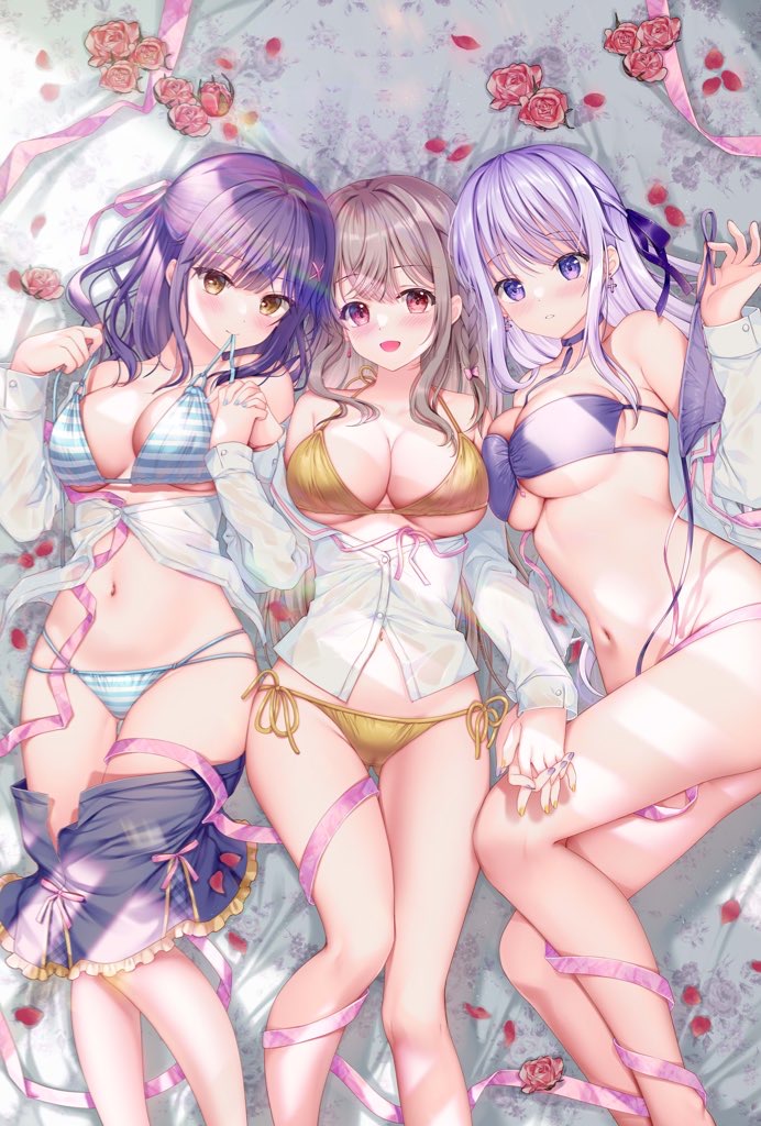 3girls bare_shoulders bikini bikini_under_clothes blue_sky bottomless breasts brown_eyes brown_hair choker clothes_pull collarbone commentary_request feet_out_of_frame flower frilled_skirt frills girl_sandwich hand_up hands_up hiiraki_asuka holding_hands interlocked_fingers large_breasts long_sleeves maeda_shiori multiple_girls nanami_yuuno open_clothes open_shirt petals puffy_long_sleeves puffy_sleeves purple_bikini purple_choker purple_eyes purple_hair red_eyes red_flower red_rose rose sandwiched shirt side-tie_bikini_bottom skindentation skirt skirt_pull sky sousouman striped striped_bikini swimsuit twinbox_school untied_bikini unworn_bikini_bottom white_shirt yellow_bikini