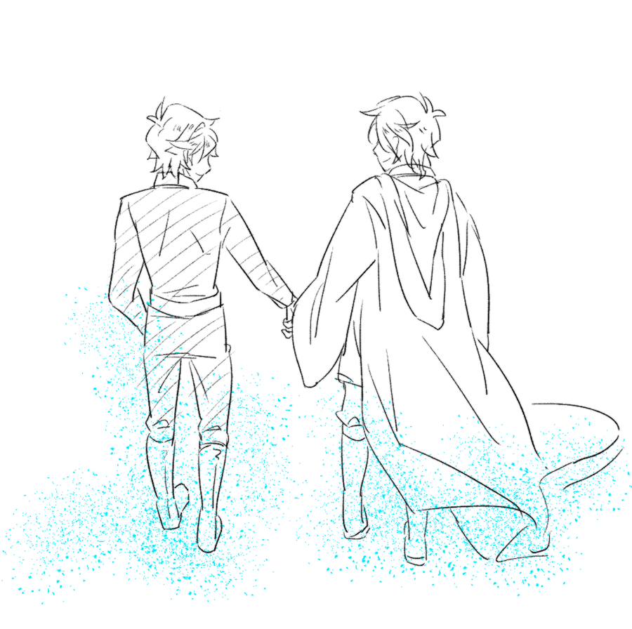 2boys anakin_skywalker boots father_and_son ghost holding_hands hooded_robe jju_(nile12634) luke_skywalker multiple_boys robe short_hair smile star_wars