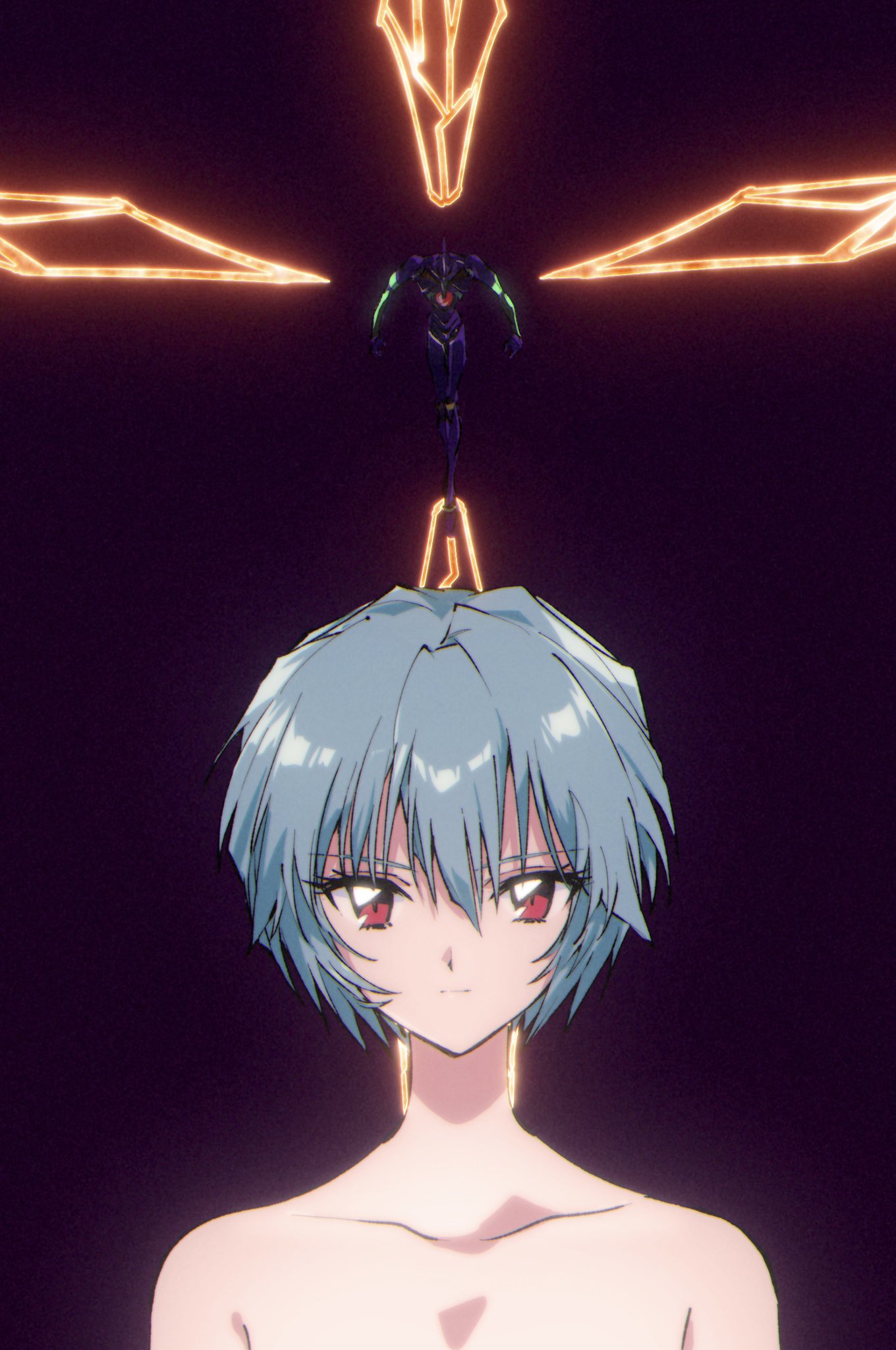 1990s_(style) 1girl armpit_crease arms_at_sides ayanami_rei blue_hair closed_mouth collarbone commentary english_commentary eva_01 evangelion_(mecha) expressionless hair_between_eyes highres mecha neon_genesis_evangelion pochi_(askas_is_god) red_eyes retro_artstyle robot science_fiction short_hair straight-on super_robot upper_body