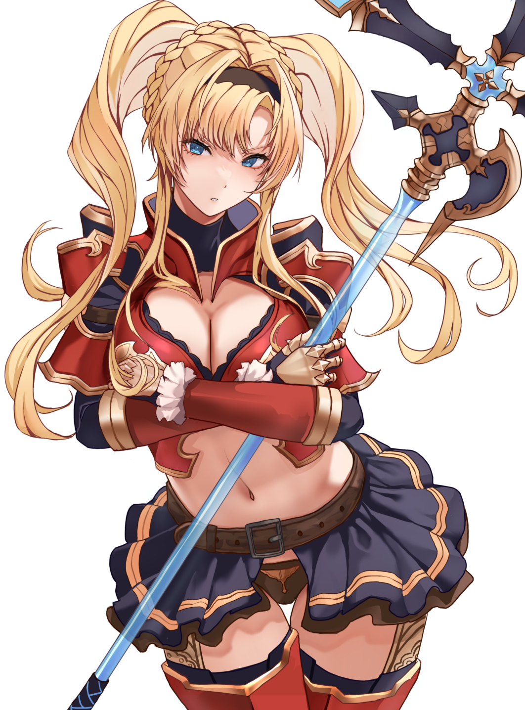 1girl armor belt bikini_armor blonde_hair blue_eyes blue_skirt braid breasts brown_belt brown_hairband cleavage covering_breasts covering_privates cowboy_shot crossed_arms crown_braid gauntlets gold_armor gold_trim granblue_fantasy hair_intakes hairband highres holding holding_polearm holding_weapon large_breasts leg_armor long_hair looking_at_viewer navel parted_bangs parted_lips polearm red_armor shoulder_armor showgirl_skirt simple_background skirt solo stomach thigh_armor thigh_gap twintails v-shaped_eyebrows weapon white_background zeta_(granblue_fantasy) zundakun0123