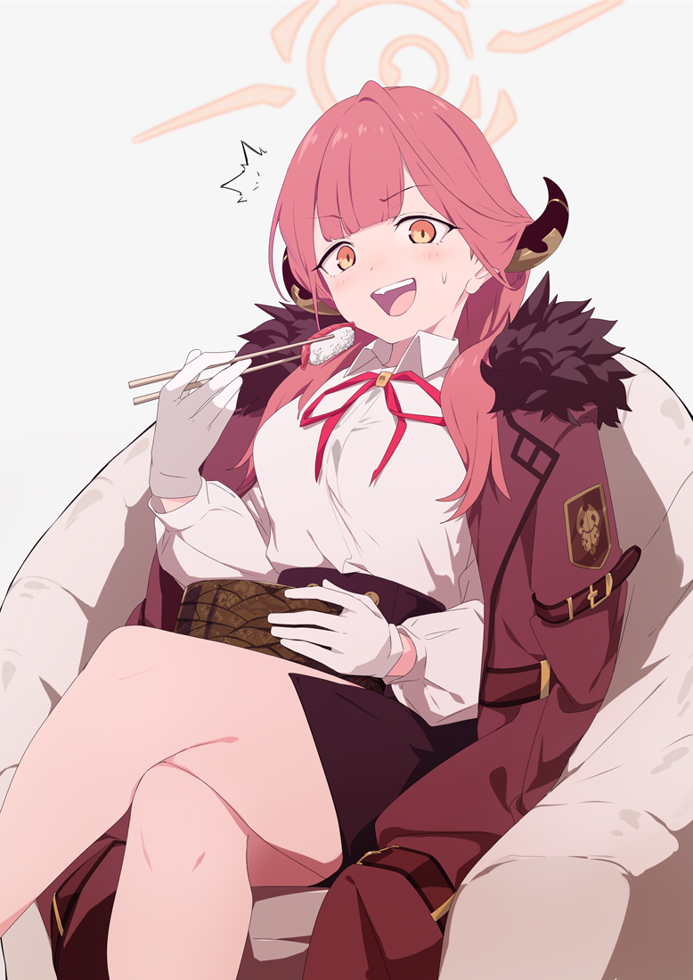 1girl ^^^ aru_(blue_archive) black_skirt blue_archive blush breasts chair chopsticks coat coat_on_shoulders crossed_legs feet_out_of_frame food fur_collar gloves halo holding holding_chopsticks horns long_hair long_sleeves medium_breasts neck_ribbon open_mouth pencil_skirt pink_hair pink_ribbon red_coat ribbon shirt sitting skirt sohin solo sushi sweat white_gloves white_shirt window_blinds
