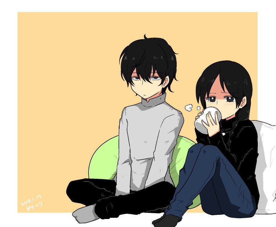 1boy 1girl bean_bag_chair between_legs black_eyes black_hair black_pants black_socks black_sweater blue_pants border braid closed_mouth cup dated drinking expressionless fate/strange_fake fate_(series) full_body grey_socks grey_sweater hair_between_eyes hand_between_legs holding holding_cup indian_style long_sleeves mekakuri_(otacon250) no_name_assassin_(fate) pants short_hair sigma_(fate) signature simple_background sitting socks sweater white_border yellow_background