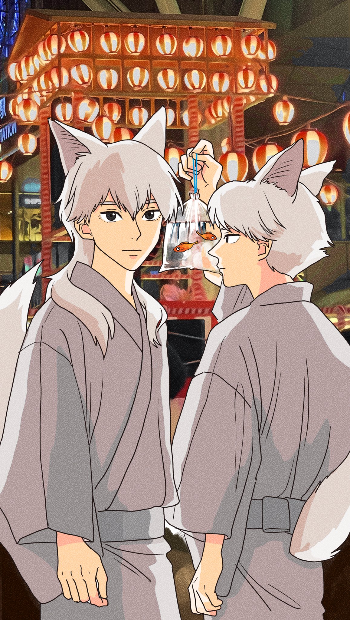 2boys animal animal_ears arm_up bag bagged_fish brothers cowboy_shot fish grey_hair highres holding long_hair long_sleeves looking_at_viewer male_focus mononoke_hime moro_no_ichizoku multiple_boys night obi personification photo_background profile rikaco1988 sash short_hair siblings summer_festival tail white_hair wolf_boy wolf_ears wolf_tail