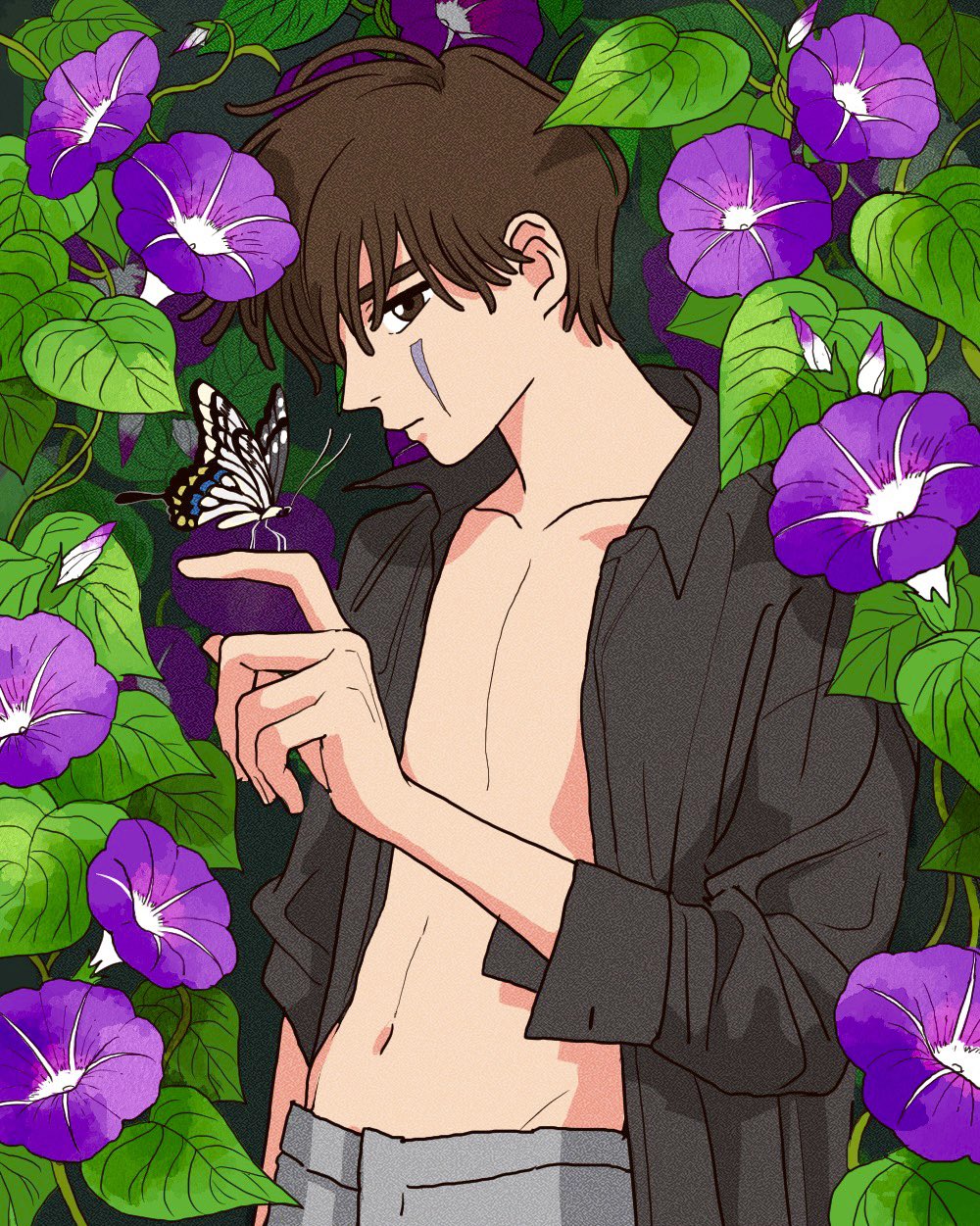 1boy arm_at_side black_shirt brown_eyes brown_hair bug butterfly butterfly_on_hand closed_mouth collarbone collared_shirt day facial_mark flower groin hand_up highres kaonashi looking_at_viewer male_focus morning_glory nature navel open_clothes open_shirt pectorals personification profile purple_flower rikaco1988 sen_to_chihiro_no_kamikakushi shirt upper_body