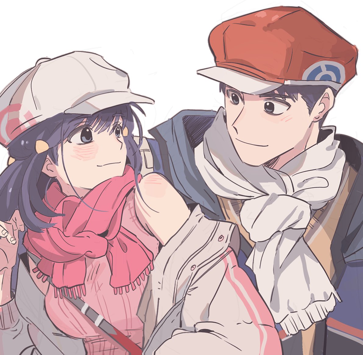 1boy 1girl alternate_costume black_hair blush closed_mouth commentary_request dawn_(pokemon) eye_contact grey_eyes hair_ornament hairclip hand_up hat jacket korean_commentary long_hair looking_at_another looking_back lucas_(pokemon) memoji_7672 off_shoulder pink_scarf pink_vest pokemon pokemon_dppt ribbed_vest scarf short_hair simple_background smile vest white_background