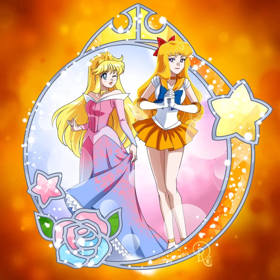 2girls aino_minako aurora_(disney) aurora_(disney)_(cosplay) back_bow bishoujo_senshi_sailor_moon blonde_hair blue_bow blue_dress blue_eyes bow choker cosplay costume_switch crescent crown drachea_rannak dress elbow_gloves evening_gown flower gloves gradient_dress hair_bow holding holding_clothes holding_dress jewelry long_hair long_sleeves magical_girl miniskirt multiple_girls necklace one_eye_closed orange_choker orange_sailor_collar own_hands_clasped own_hands_together pink_dress pleated_skirt red_bow rose sailor_collar sailor_senshi_uniform sailor_venus sailor_venus_(cosplay) skirt sleeping_beauty star_(symbol) tiara