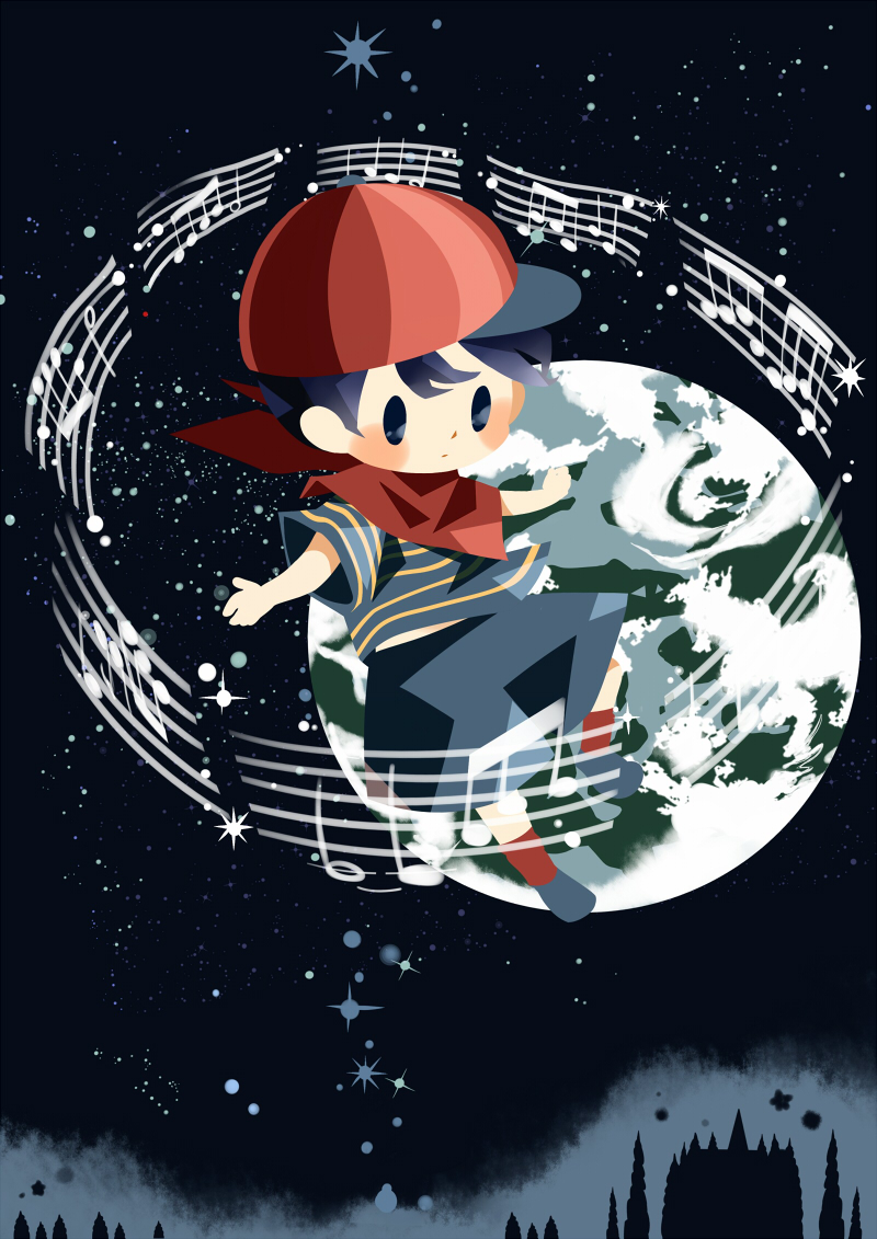 1boy bandana black_eyes black_hair blue_footwear blue_shorts blush_stickers earth_(planet) floating full_body hitofutarai male_focus midriff_peek mother_(game) mother_1 musical_note night night_sky ninten outstretched_arms planet red_bandana red_footwear shirt short_hair shorts sideways_hat sky solid_oval_eyes solo staff_(music) star_(sky) striped_clothes striped_shirt