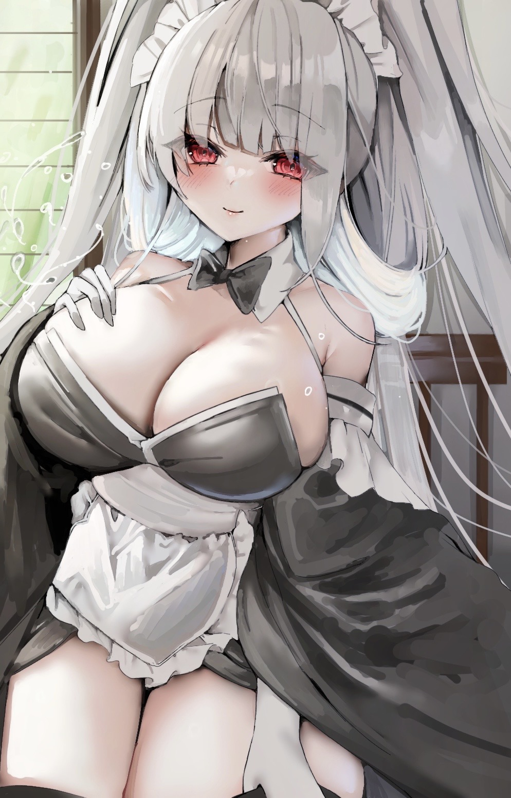 1girl azur_lane black_dress breasts cleavage commentary_request cowboy_shot dress gloves grey_hair hand_on_own_chest highres huge_breasts ichigo_moka long_hair looking_at_viewer maid official_alternate_costume red_eyes shimanto_(azur_lane) shimanto_(the_comfy_dragon_god)_(azur_lane) solo very_long_hair white_gloves