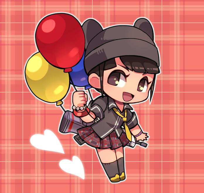 1girl balloon black_socks bracelet brown_eyes chibi commission full_body grey_headwear grey_shirt gun holding holding_balloon jewelry kotorai leaning_forward ling_xiaoyu looking_at_viewer necktie no_nose open_mouth pearl_bracelet plaid plaid_background plaid_skirt shirt short_hair skeb_commission skirt socks solo tekken weapon yellow_footwear yellow_necktie