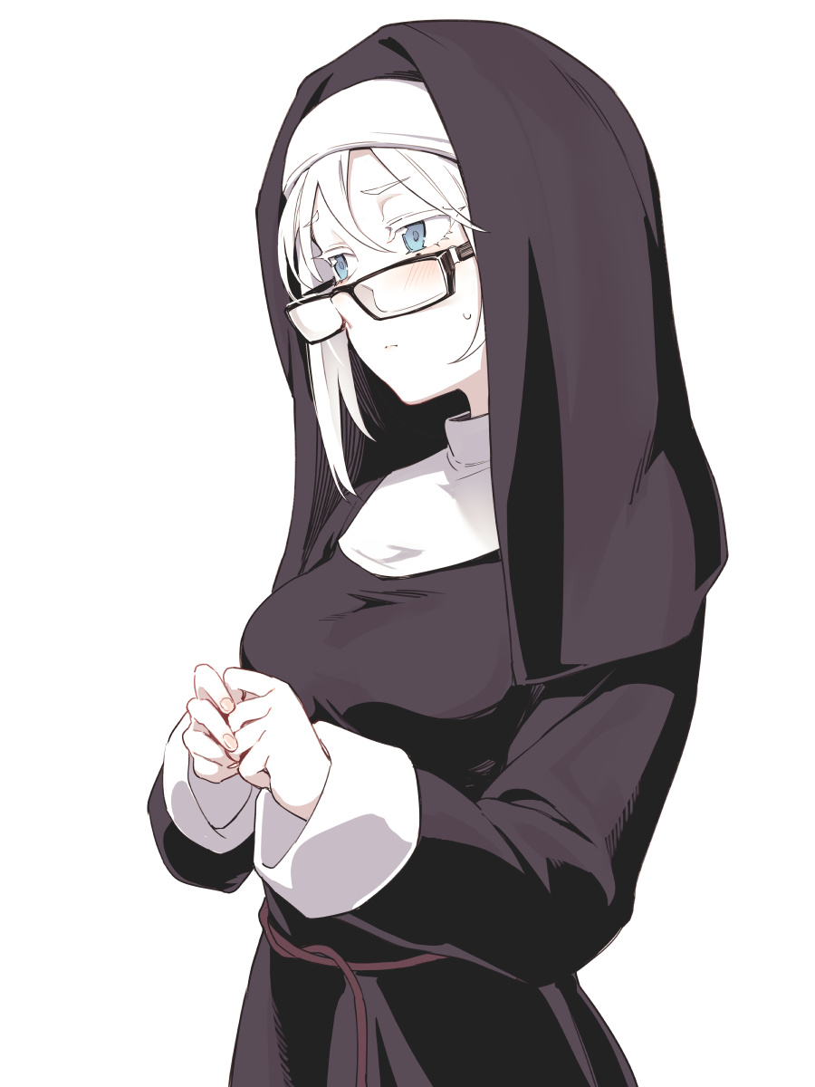 1girl asutora asutora-chan black-framed_eyewear blue_eyes closed_mouth commentary_request fingernails glasses highres long_sleeves nun original simple_background solo white_background white_hair