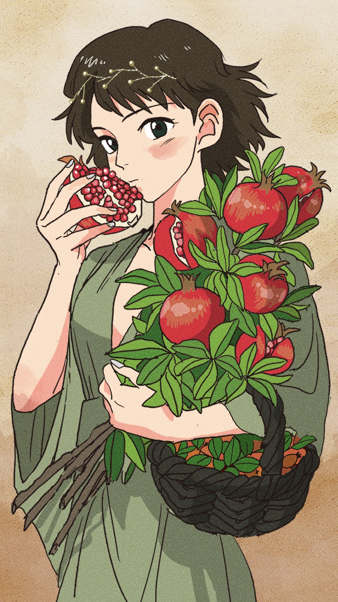 1girl basket bouquet brown_background cowboy_shot dress eating food fruit green_dress hand_up head_wreath highres holding holding_bouquet holding_food holding_fruit long_sleeves looking_at_viewer mononoke_hime plunging_neckline pomegranate rikaco1988 san_(mononoke_hime) short_hair solo