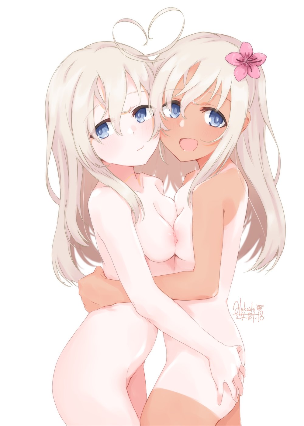 2girls ahoge alakoala asymmetrical_docking blue_eyes breast_press breasts closed_mouth collarbone commentary_request completely_nude cowboy_shot dated dual_persona flower grey_hair hair_between_eyes hair_flower hair_ornament hand_on_another's_ass hand_on_another's_waist highres kantai_collection long_hair multiple_girls nipples nude one-piece_tan open_mouth pale_skin ro-500_(kancolle) signature simple_background small_breasts tan tanlines u-511_(kancolle) white_background yuri