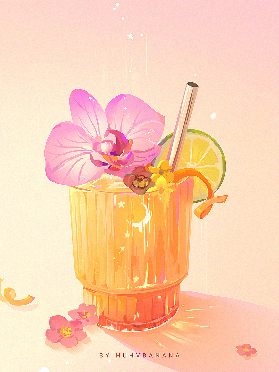 artist_name commentary_request crescent cup drink drinking_glass drinking_straw flower food food_focus fruit garnish gradient_background highres huhv. ice lime_(fruit) lime_slice no_humans original pink_flower star_(symbol) still_life yellow_flower