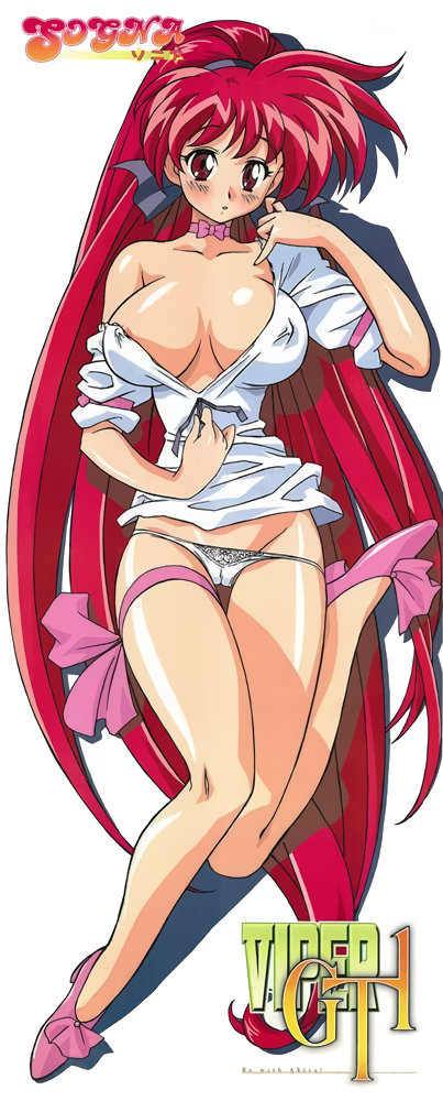 1990s_(style) 1girl akira_(viper) blush breasts breasts_apart choker cleavage copyright_name covered_nipples high_ponytail huge_breasts kimura_takahiro leg_ribbon long_hair non-web_source official_art panties pink_choker pink_footwear red_eyes red_hair retro_artstyle ribbon shiny_skin short_sleeves sogna solo thigh_ribbon underwear very_long_hair viper viper_gt1 white_panties