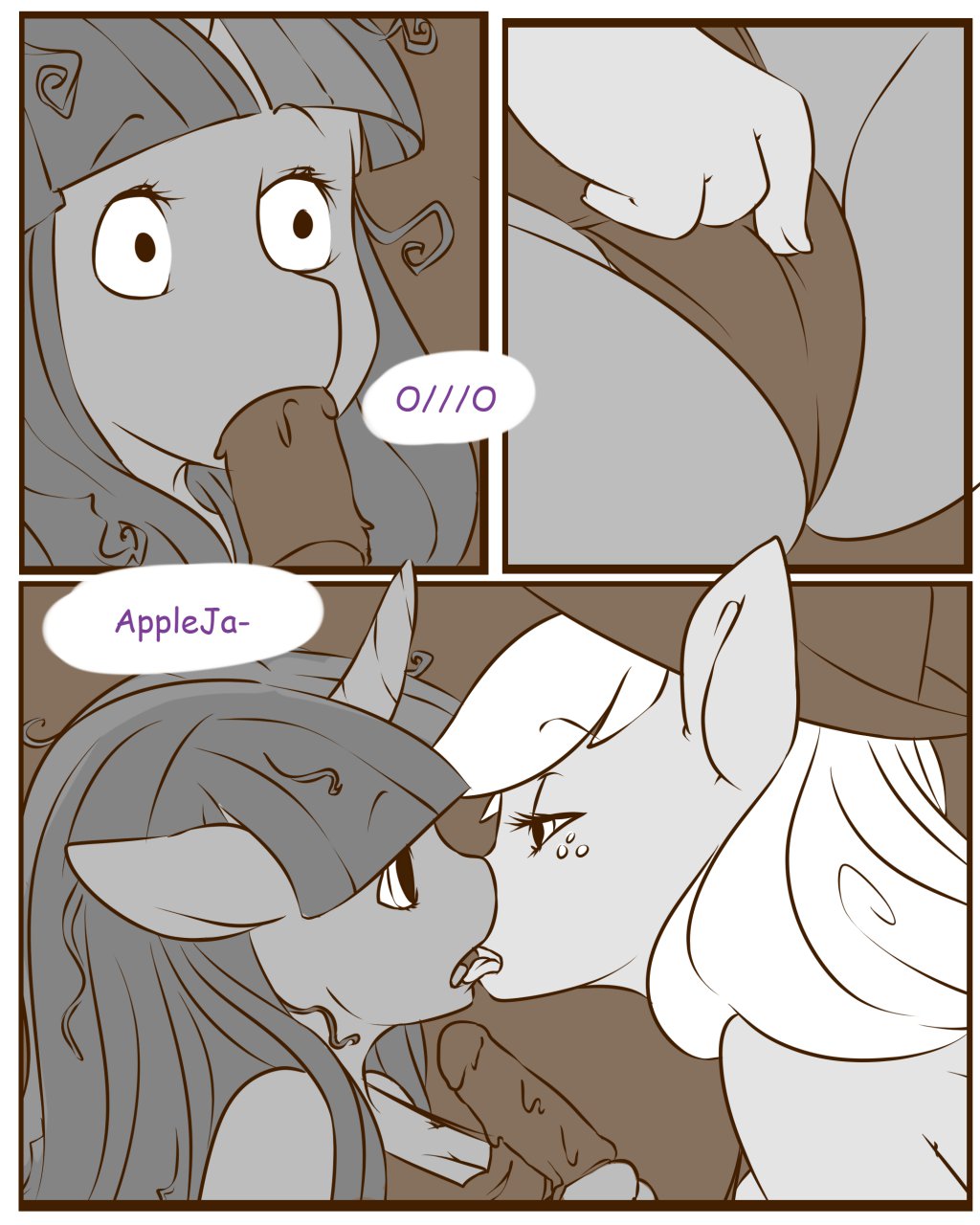 anthro anthrofied applejack_(mlp) comic cowboy_hat dialog duo english_text equine female freckles friendship_is_magic hat horn horse ice_pop kissing lesbian mammal monochrome my_little_pony open_mouth pony rubbing surprise swimsuit text tiki_san twilight_sparkle_(mlp) unicorn