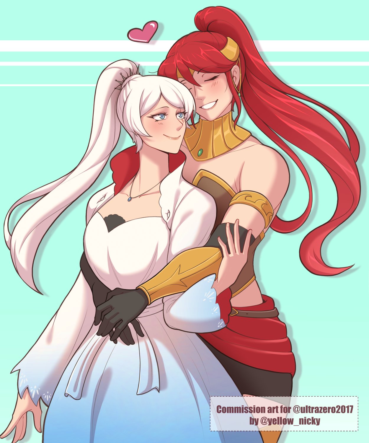 2girls bare_shoulders black_gloves blue_dress blue_eyes commission dress gloves heart highres jewelry long_sleeves multiple_girls necklace ponytail pyrrha_nikos red_hair rwby tagme twitter_username weiss_schnee white_dress white_hair yellow_nicky yuri