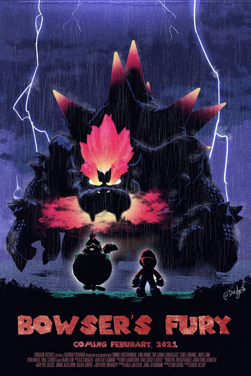 3boys bowser bowser_jr. clenched_hands cloud cloudy_sky commentary dated derivative_work dredge english_commentary english_text father_and_son floating from_behind fury_bowser giant gloves hat highres lightning male_focus mario mario_(series) multiple_boys outdoors rain shell size_difference sky super_mario_3d_world super_mario_3d_world_+_bowser's_fury white_gloves