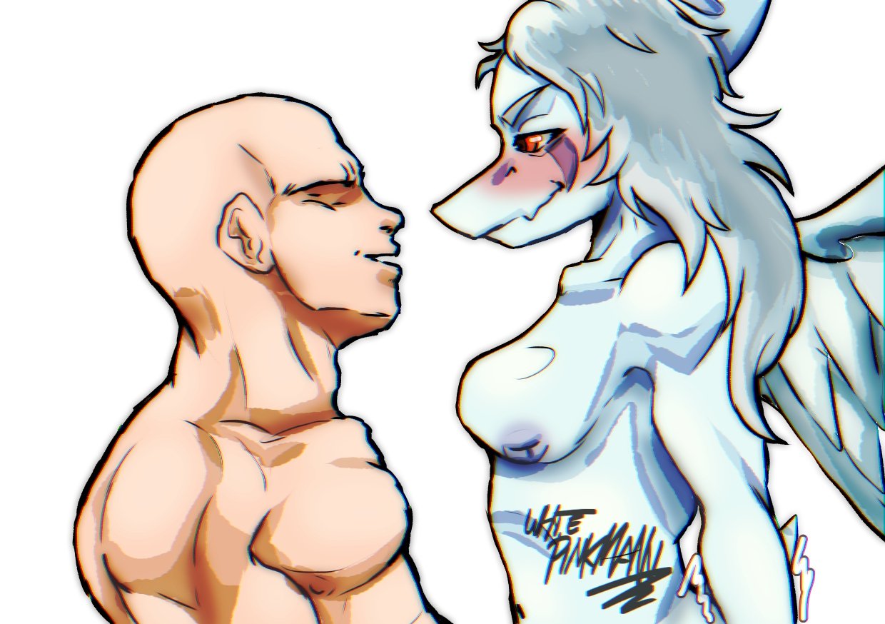 amber_eyes anon_(snoot_game) anthro bald blue_body blue_scales blush bone_frill breasts colored duo eye_contact fang_(gvh) feathered_wings feathers female female_anthro female_on_human frill_(anatomy) goodbye_volcano_high grey_body grey_feathers hair head_crest head_frill human human_on_anthro interspecies looking_at_another male male_on_anthro mammal nipples nude pterodactylus pterosaur reptile scales scalie short_tail silver_hair simple_background snoot_game tail whit3pinkmann white_background wings